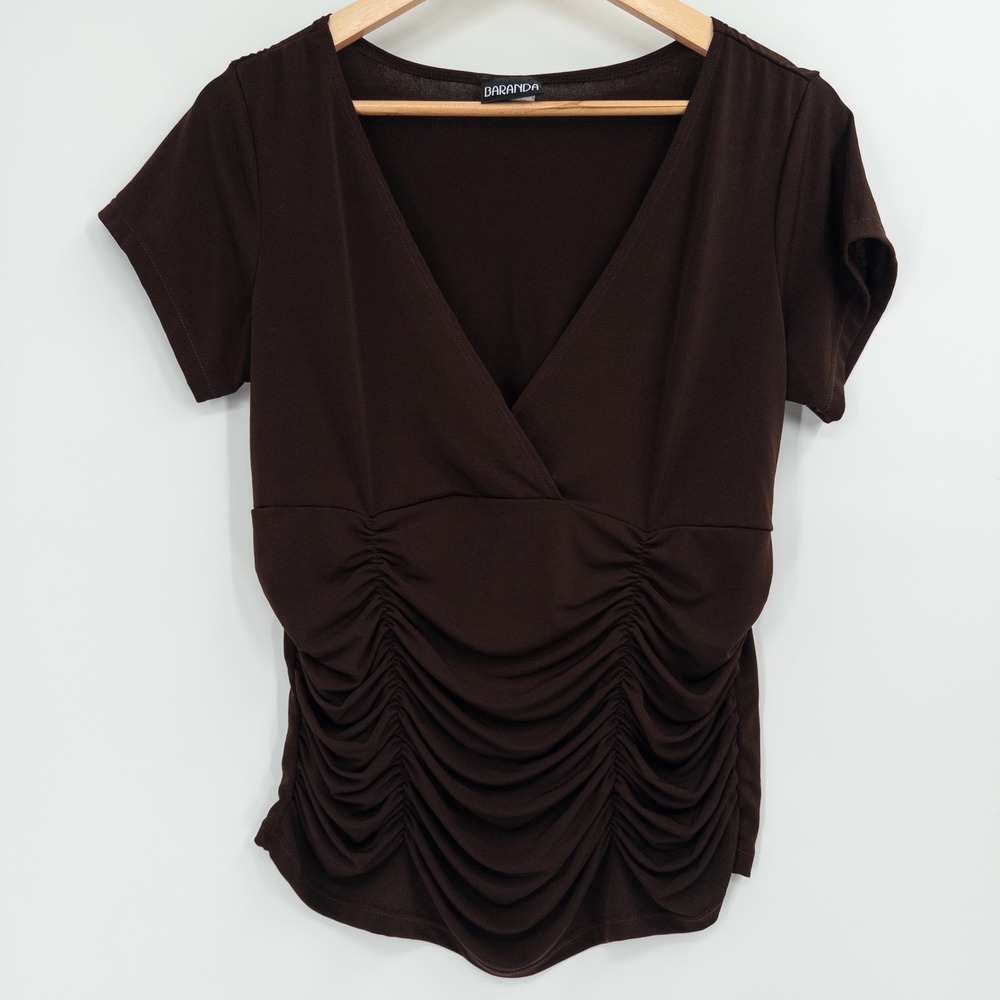 Y2K Babydoll Top Women L Brown Ruched V-Neck Going Out Fitted Whimsigoth Stretch